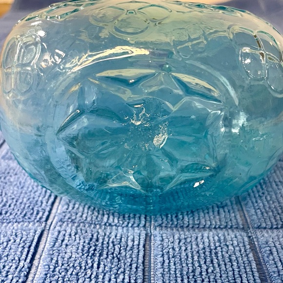 Hand Blown Blue Glass Bottle Raised Diamond Shaped Design 5.5” Tall Light Blue - Picture 6 of 9